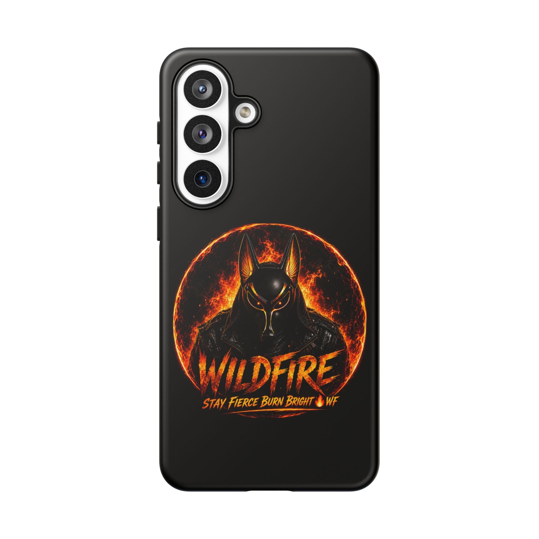 Wildfire Phone Case — Fierce Flaming Anubis Design, "Stay Fierce Burn Bright"