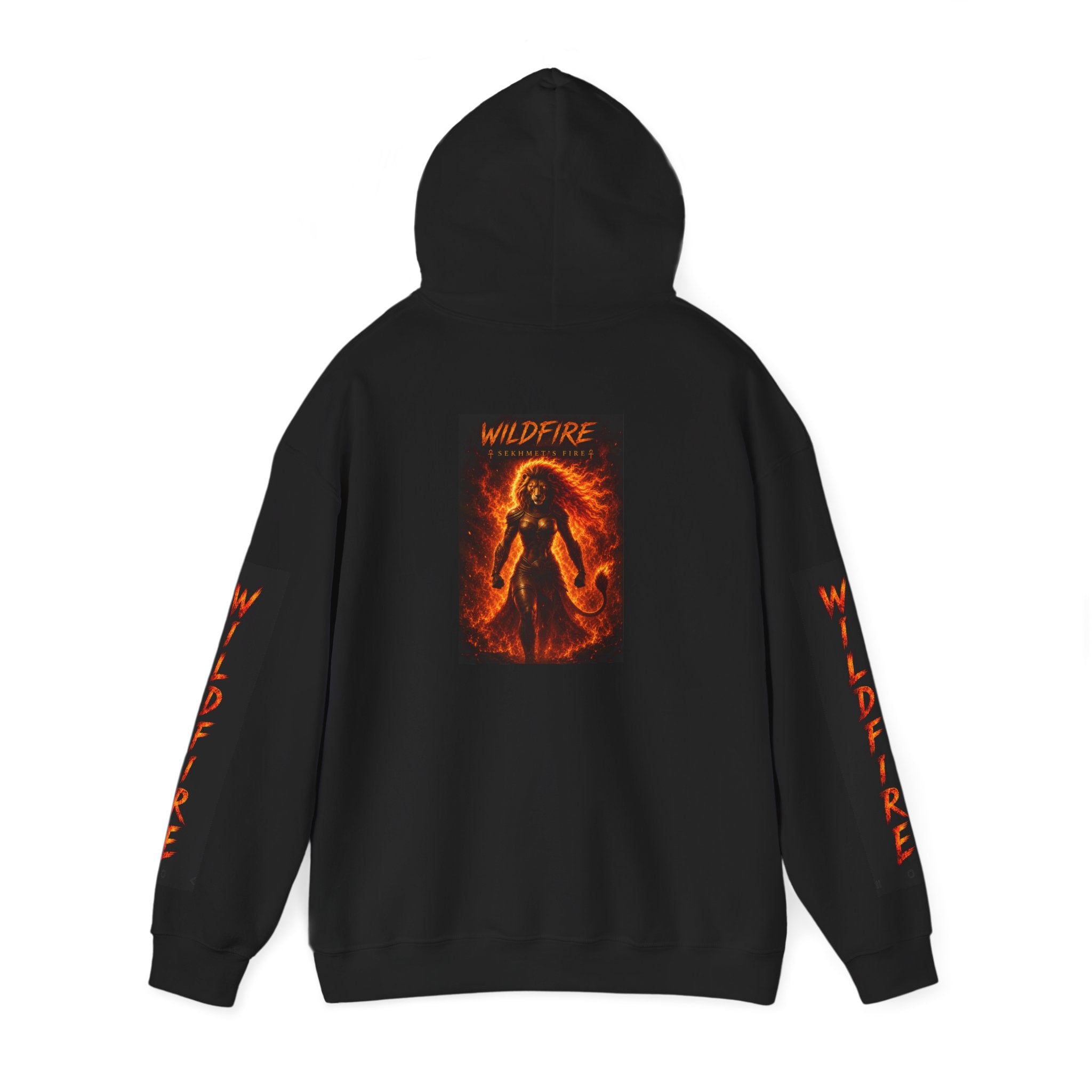 Wildfire Sekhmet's Fire Graphic Hoodie — Fiery Elemental Back Art & Sleeve Text