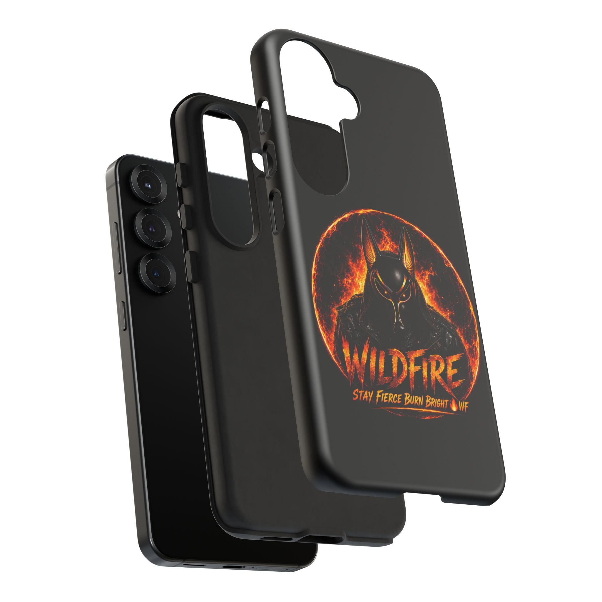 Wildfire Phone Case — Fierce Flaming Anubis Design, "Stay Fierce Burn Bright"
