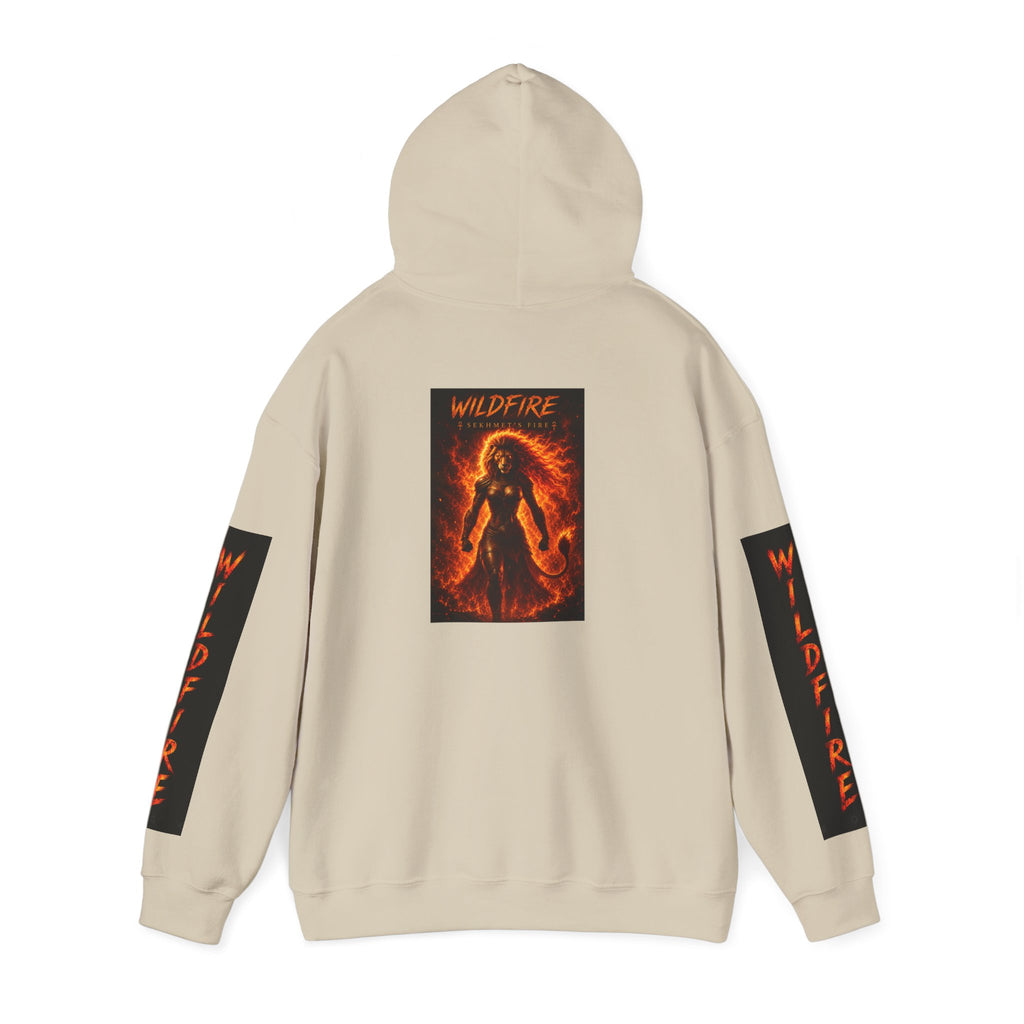 Wildfire Sekhmet's Fire Graphic Hoodie — Fiery Elemental Back Art & Sleeve Text