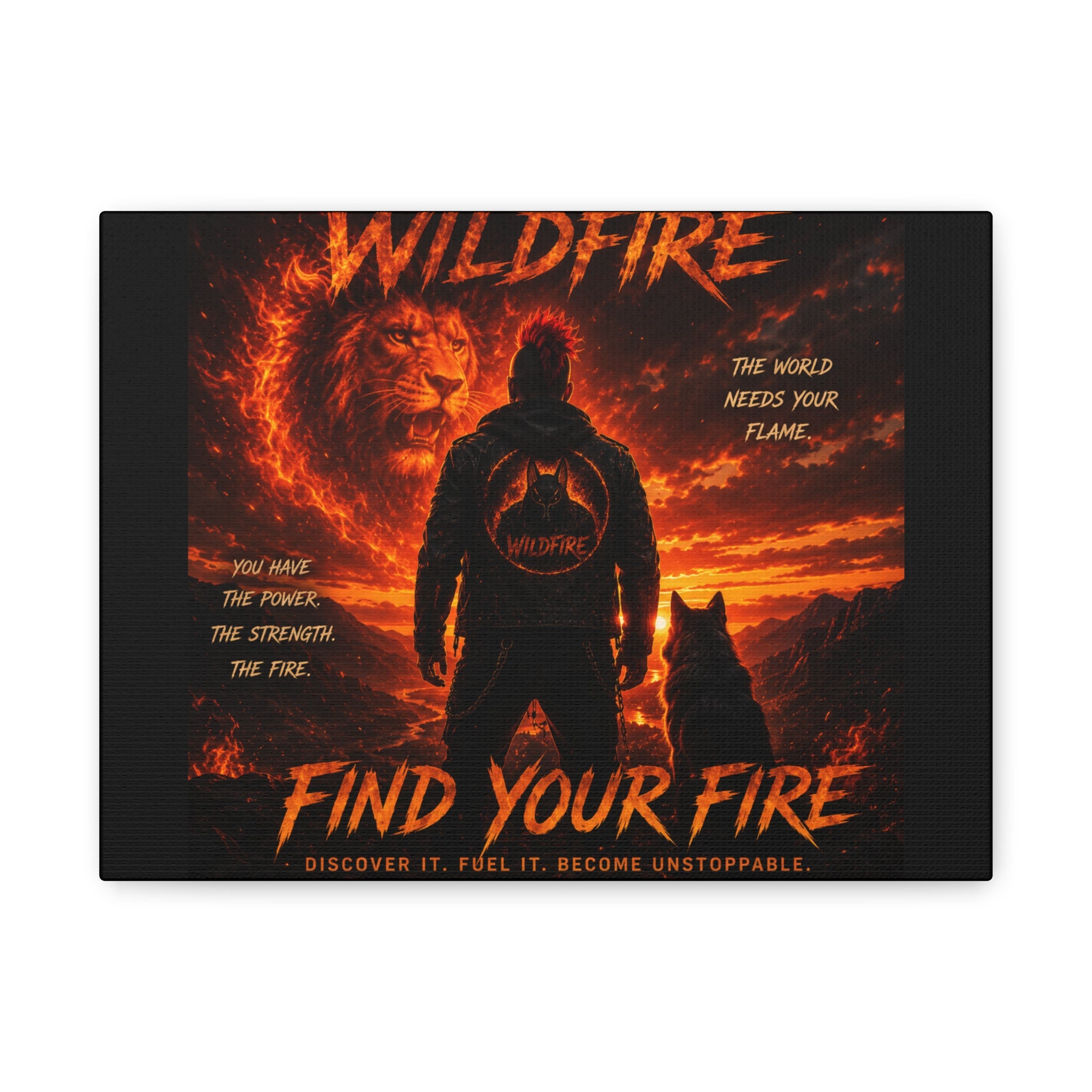 Wildfire 'Find Your Fire' Matte Canvas Wall Art — Inspirational Lion & Silhouette Scene