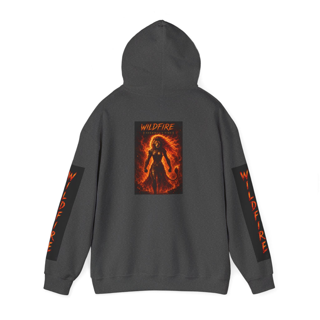 Wildfire Sekhmet's Fire Graphic Hoodie — Fiery Elemental Back Art & Sleeve Text