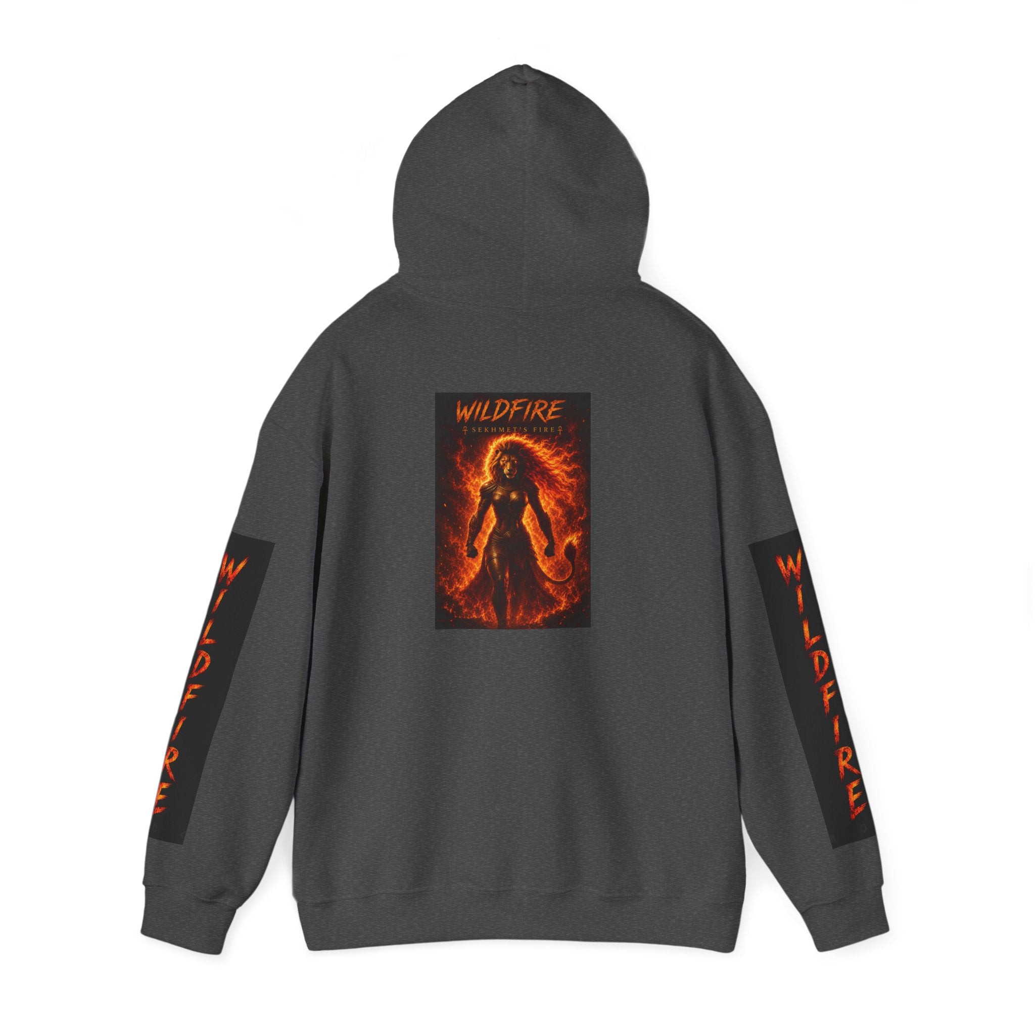 Wildfire Sekhmet's Fire Graphic Hoodie — Fiery Elemental Back Art & Sleeve Text