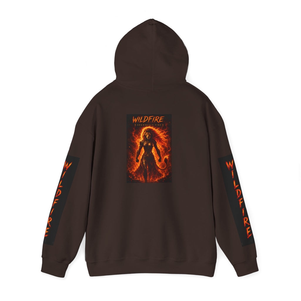 Wildfire Sekhmet's Fire Graphic Hoodie — Fiery Elemental Back Art & Sleeve Text