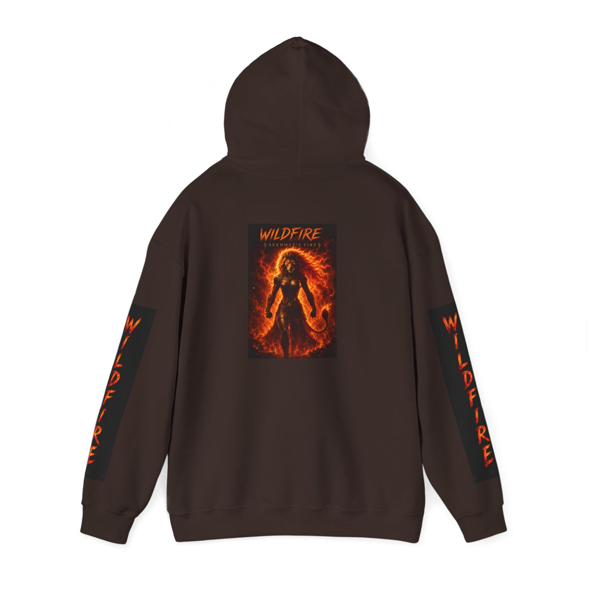Wildfire Sekhmet's Fire Graphic Hoodie — Fiery Elemental Back Art & Sleeve Text