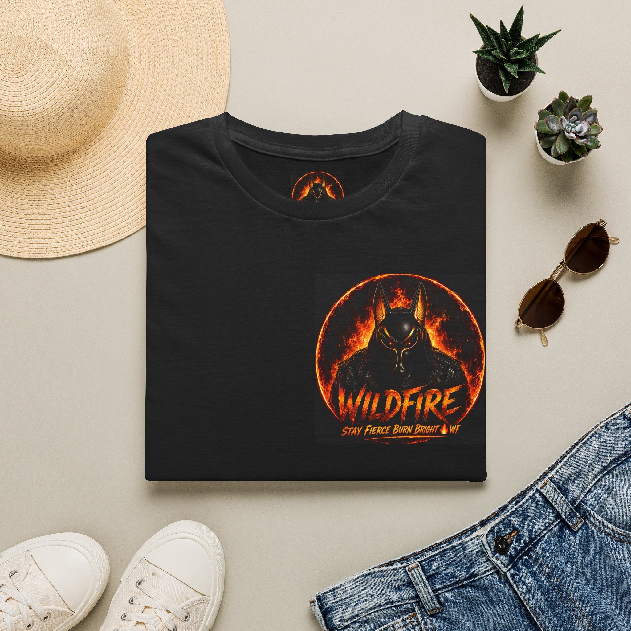 Wildfire Sekhmet's Fire Graphic T-Shirt — "Wildfire" Fiery Anubis Band Tee