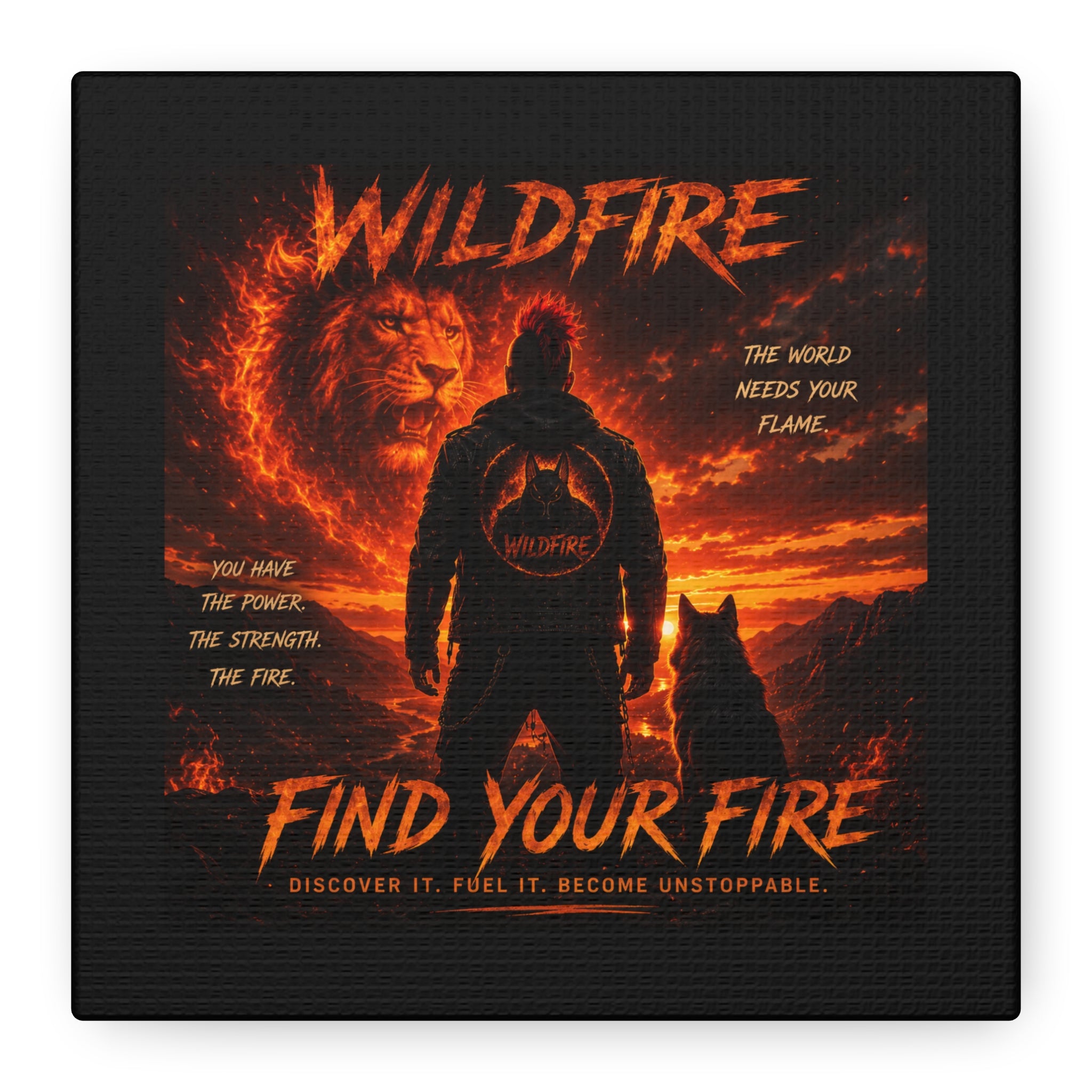 Wildfire 'Find Your Fire' Matte Canvas Wall Art — Inspirational Lion & Silhouette Scene