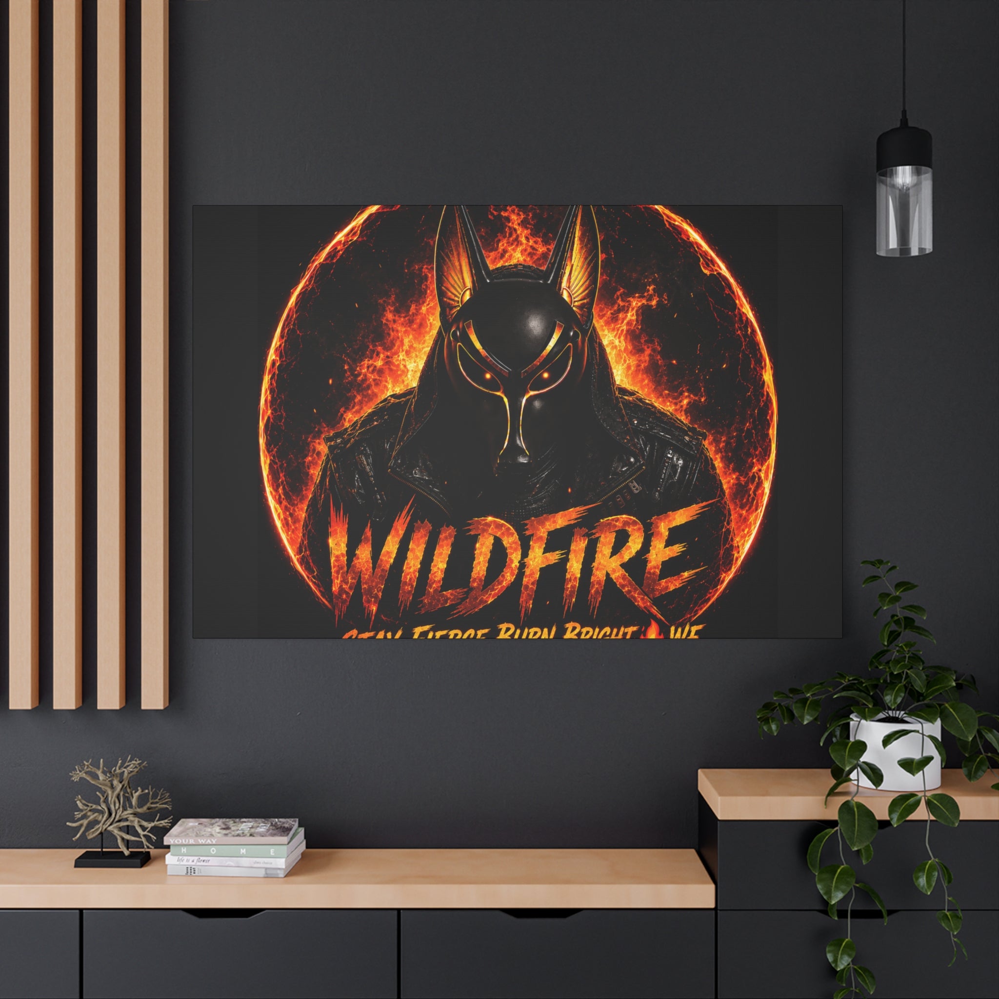 Wildfire Anubis Canvas — ‘WILDFIRE Stay Fierce Burn Bright’ Matte Stretched Wall Art