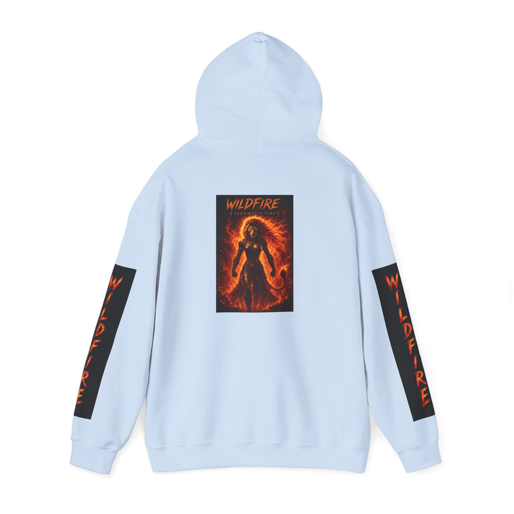 Wildfire Sekhmet's Fire Graphic Hoodie — Fiery Elemental Back Art & Sleeve Text