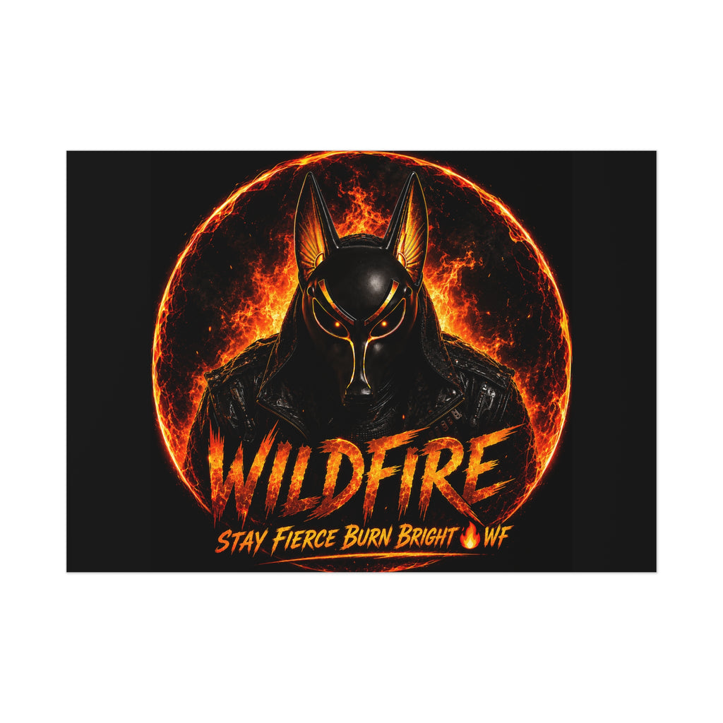 Wildfire Poster — Fiery Anubis Illustration with 'Stay Fierce Burn Bright'