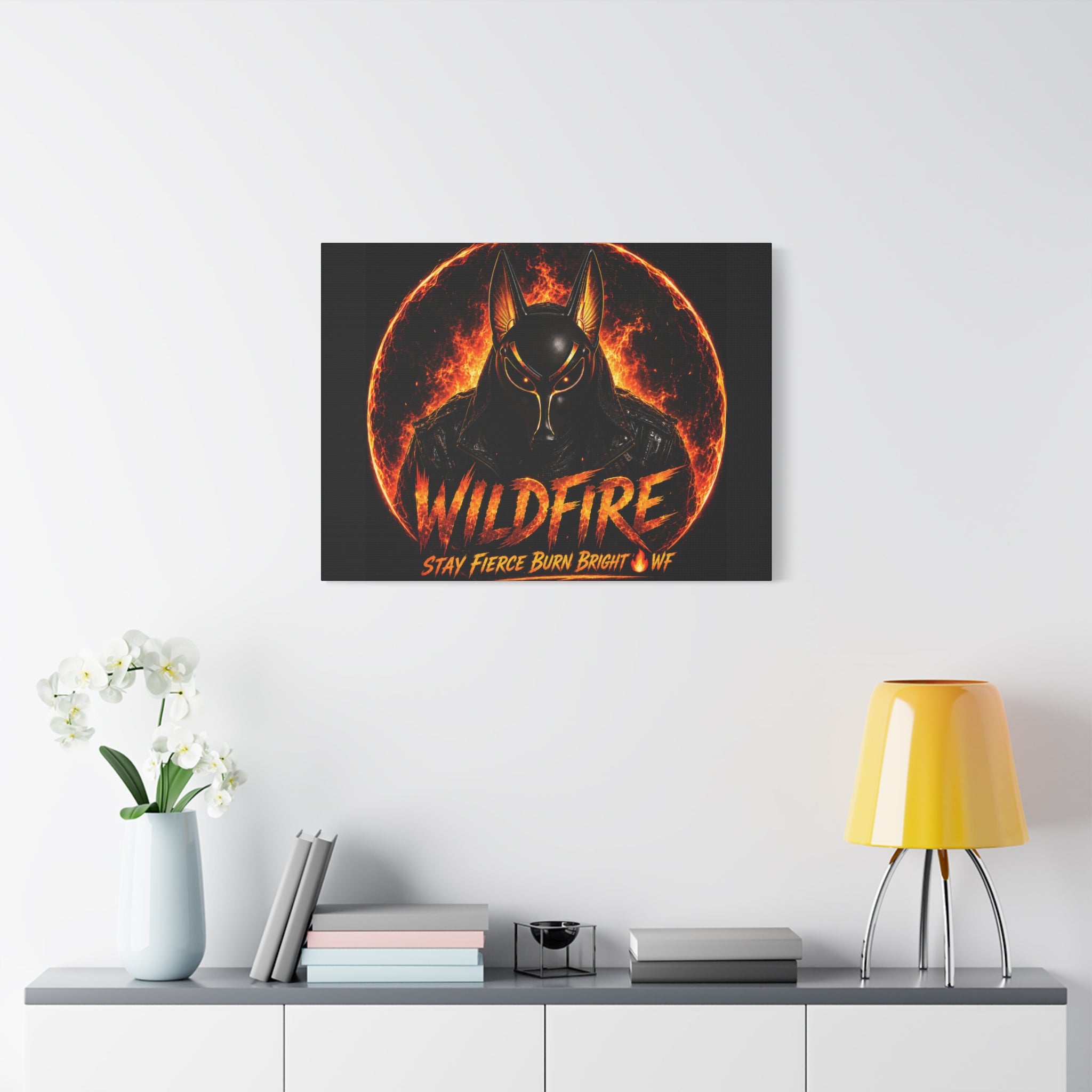 Wildfire Anubis Canvas — ‘WILDFIRE Stay Fierce Burn Bright’ Matte Stretched Wall Art