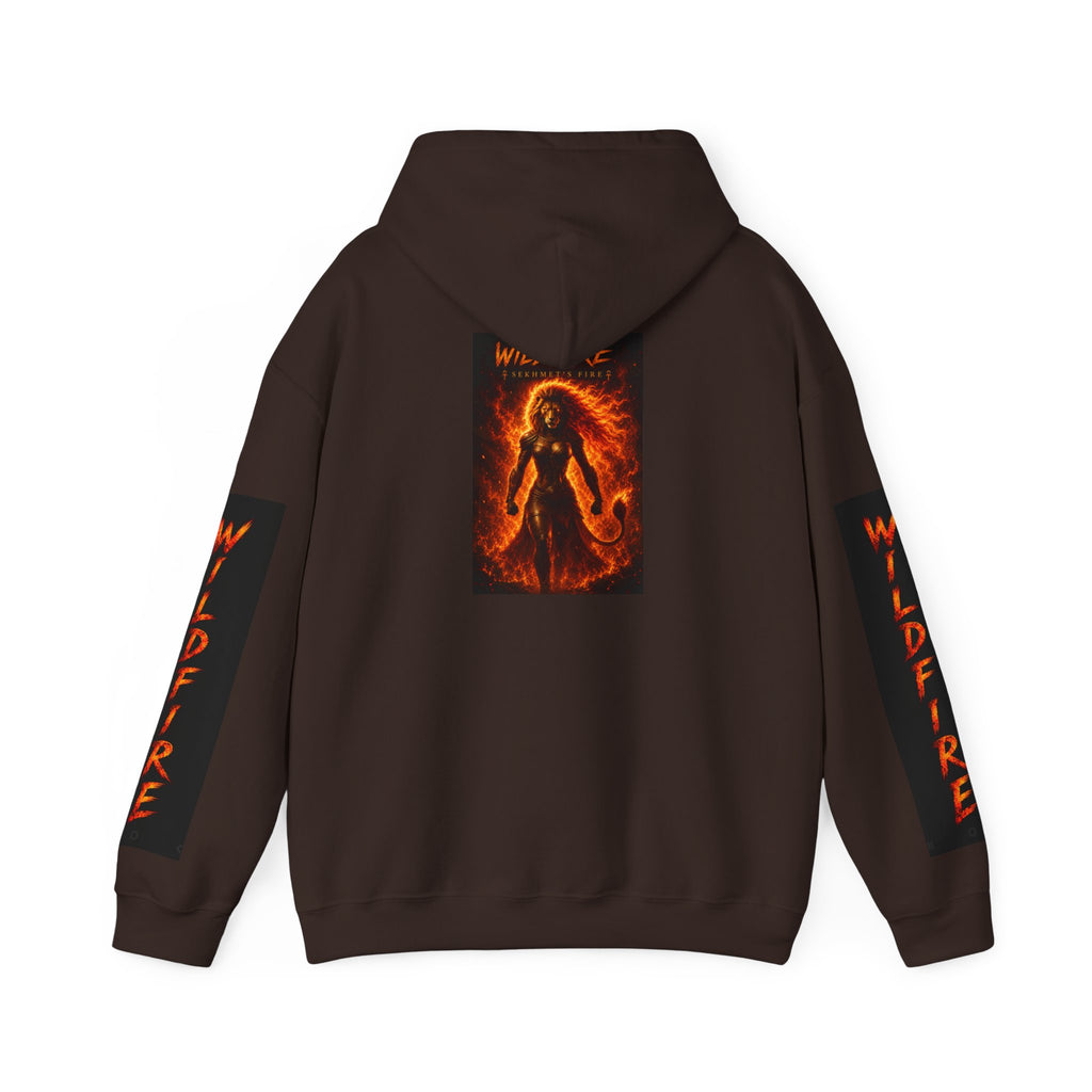 Wildfire Sekhmet's Fire Graphic Hoodie — Fiery Elemental Back Art & Sleeve Text