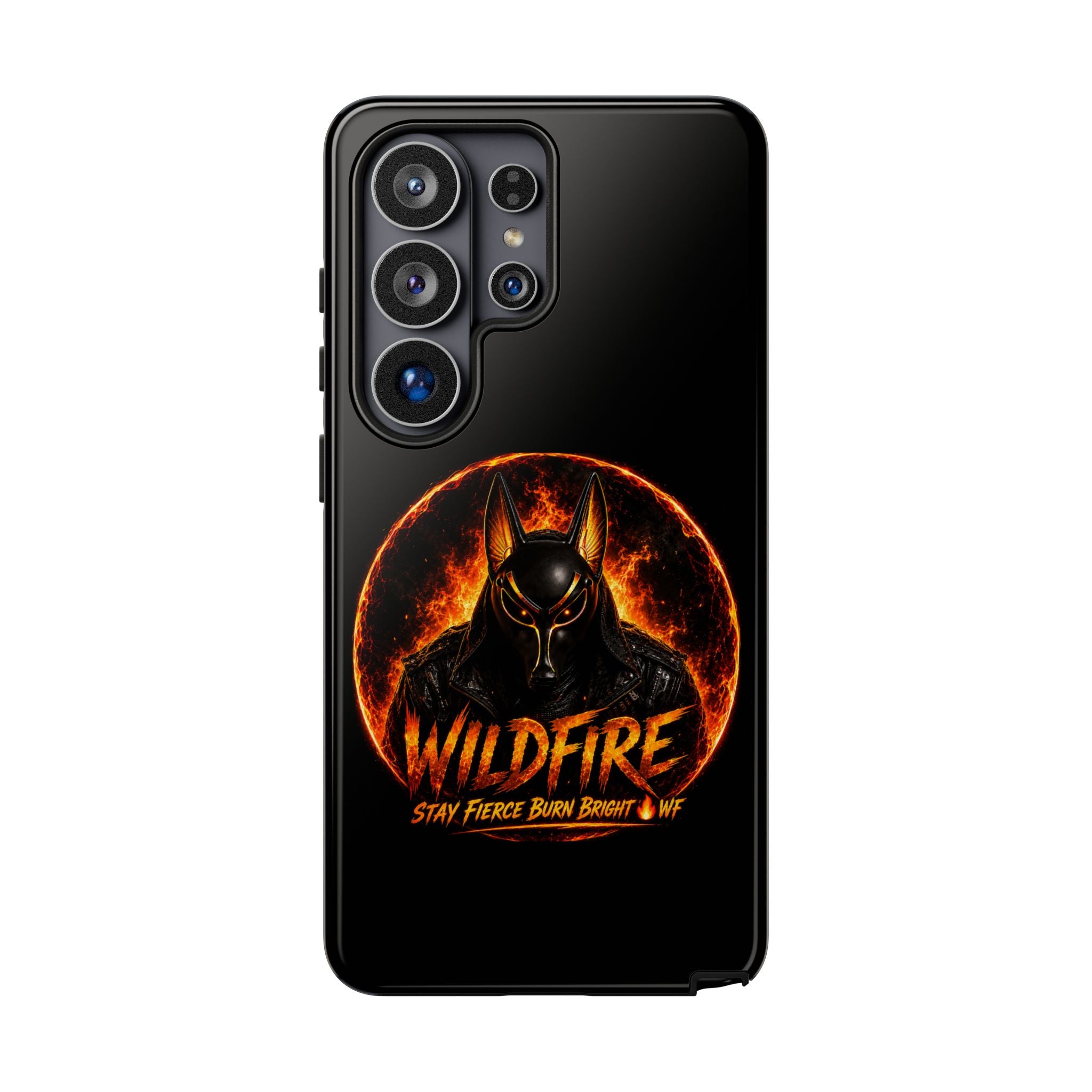 Wildfire Phone Case — Fierce Flaming Anubis Design, "Stay Fierce Burn Bright"
