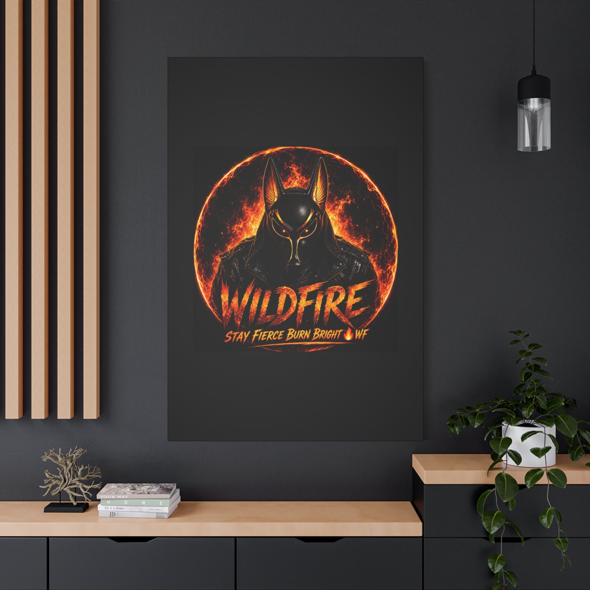 Wildfire Anubis Canvas — ‘WILDFIRE Stay Fierce Burn Bright’ Matte Stretched Wall Art