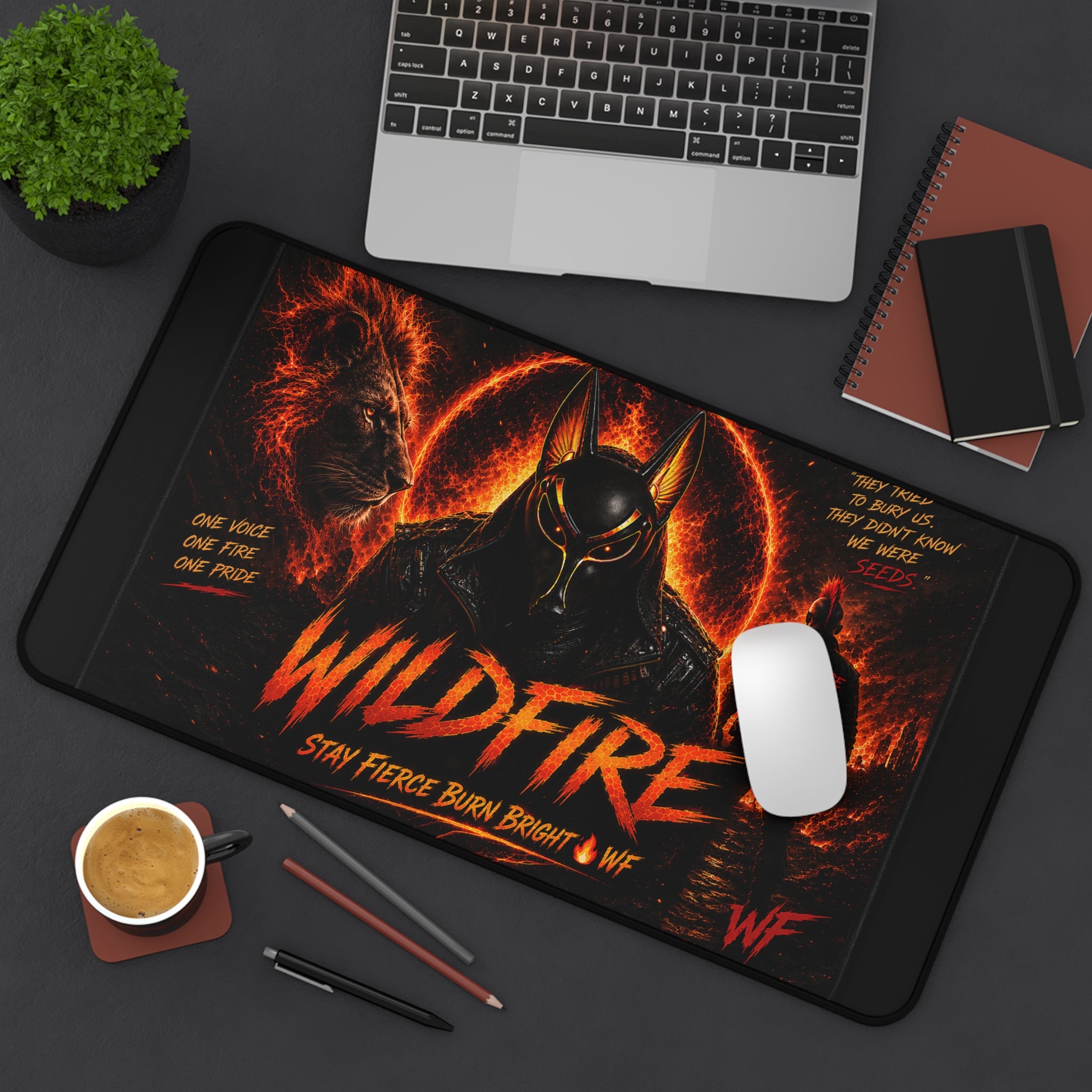 Wildfire Desk Mat — Fiery Lion & Anubis Gaming Mouse Pad ("Stay Fierce Burn Bright")