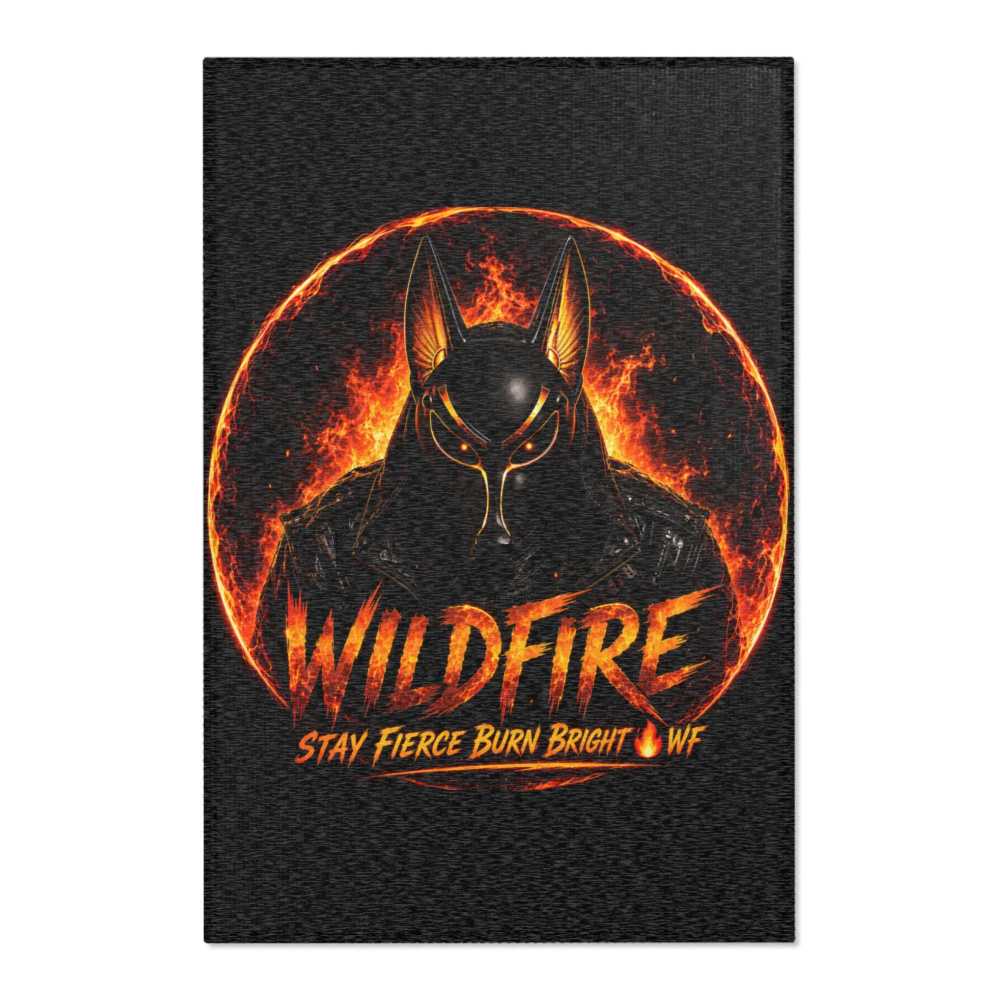 Wildfire Area Rug – Fiery Anubis Logo “Stay Fierce Burn Bright” Accent Rug