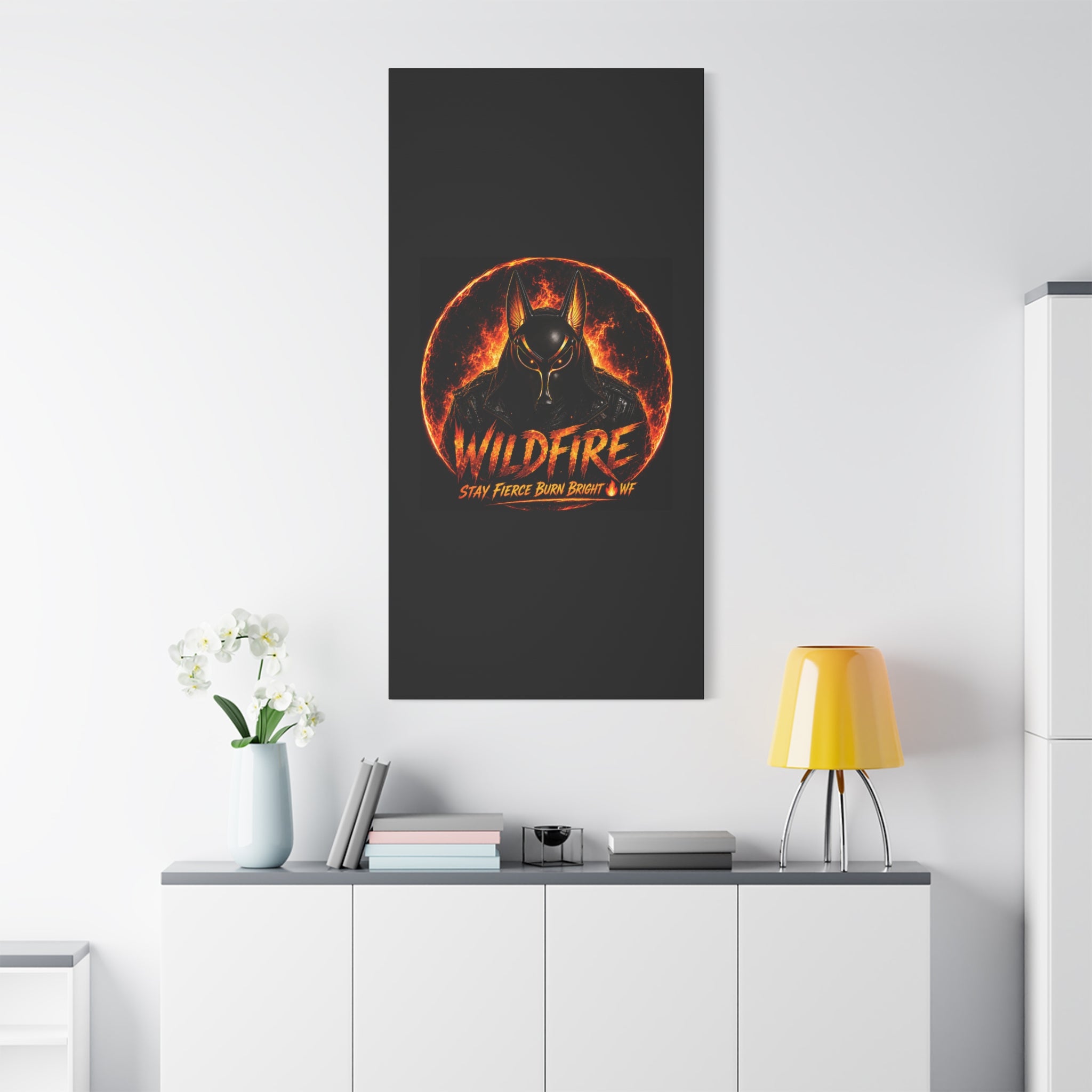 Wildfire Anubis Canvas — ‘WILDFIRE Stay Fierce Burn Bright’ Matte Stretched Wall Art