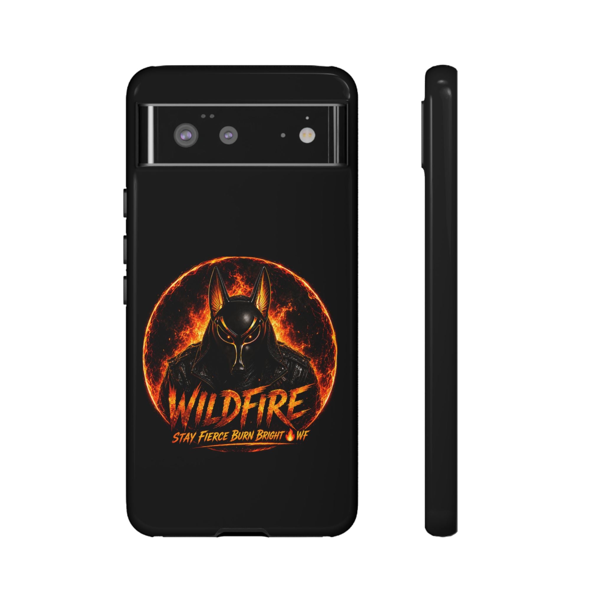 Wildfire Phone Case — Fierce Flaming Anubis Design, "Stay Fierce Burn Bright"