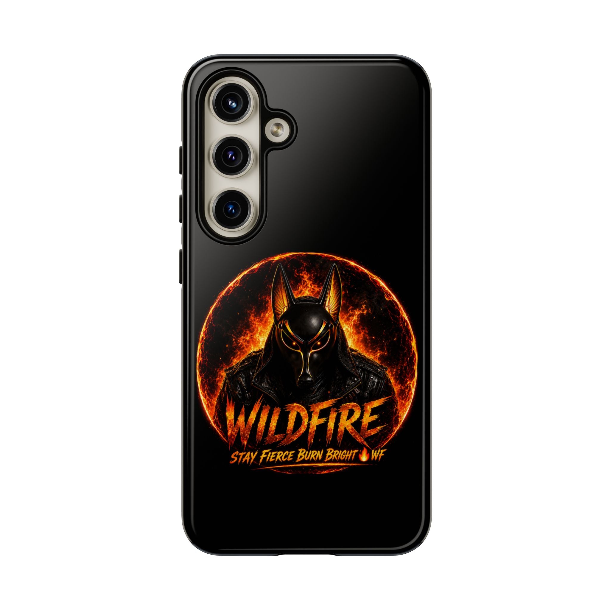 Wildfire Phone Case — Fierce Flaming Anubis Design, "Stay Fierce Burn Bright"